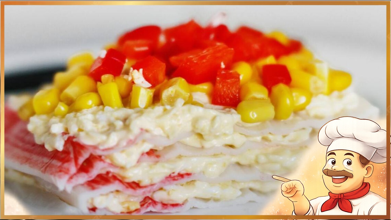 Слоёный салат из крабовых палочек с сыром и яйцом