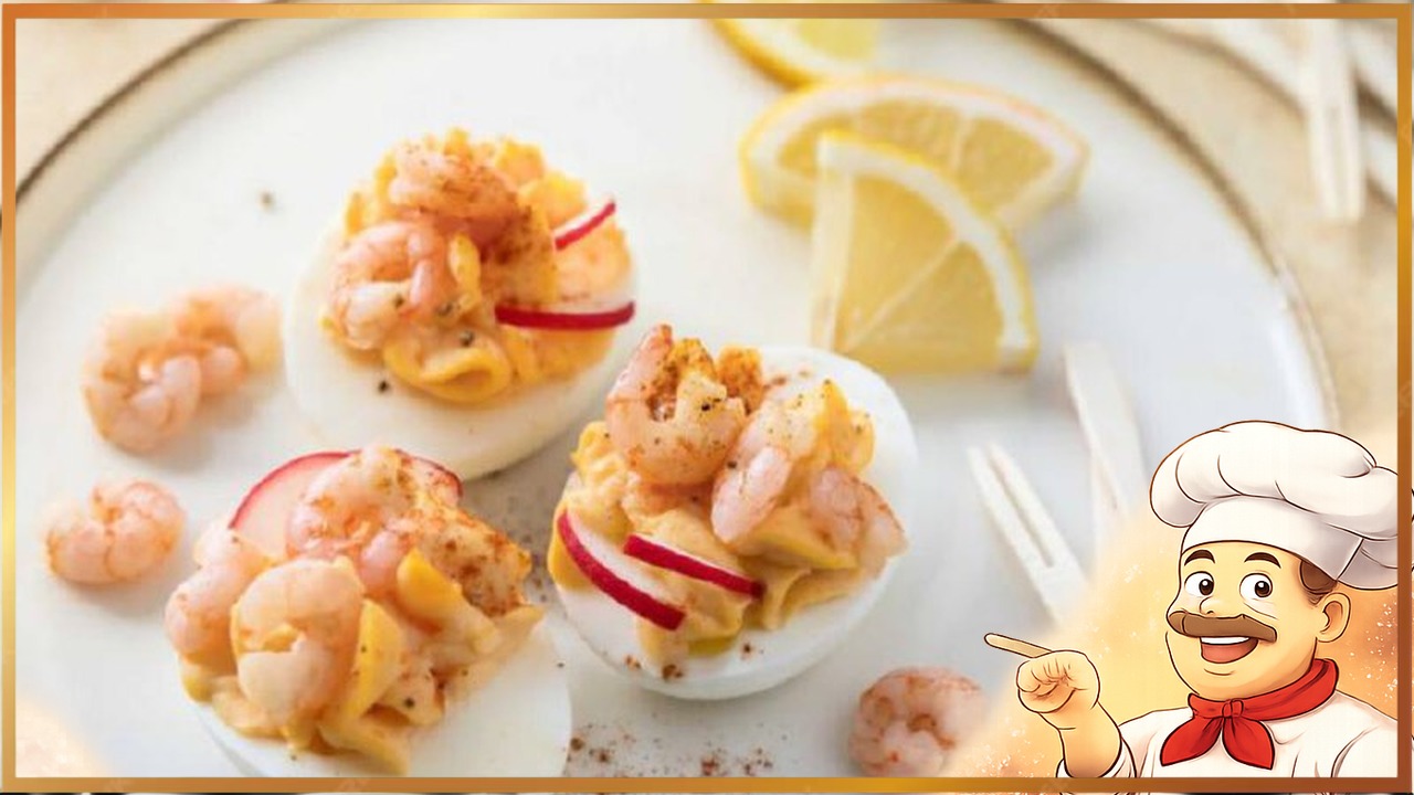 Фаршированные яйца с креветками и редисом