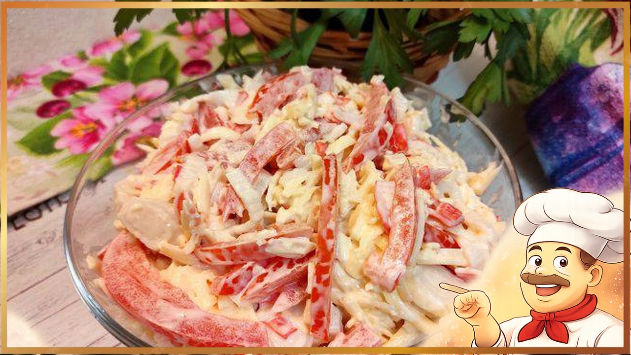 Салат с крабовыми палочками, сыром и помидорами