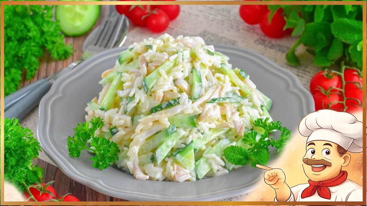 Салат с кальмарами, рисом и свежими огурцами