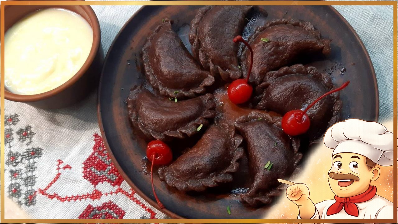 Шоколадные вареники с творогом и вишней