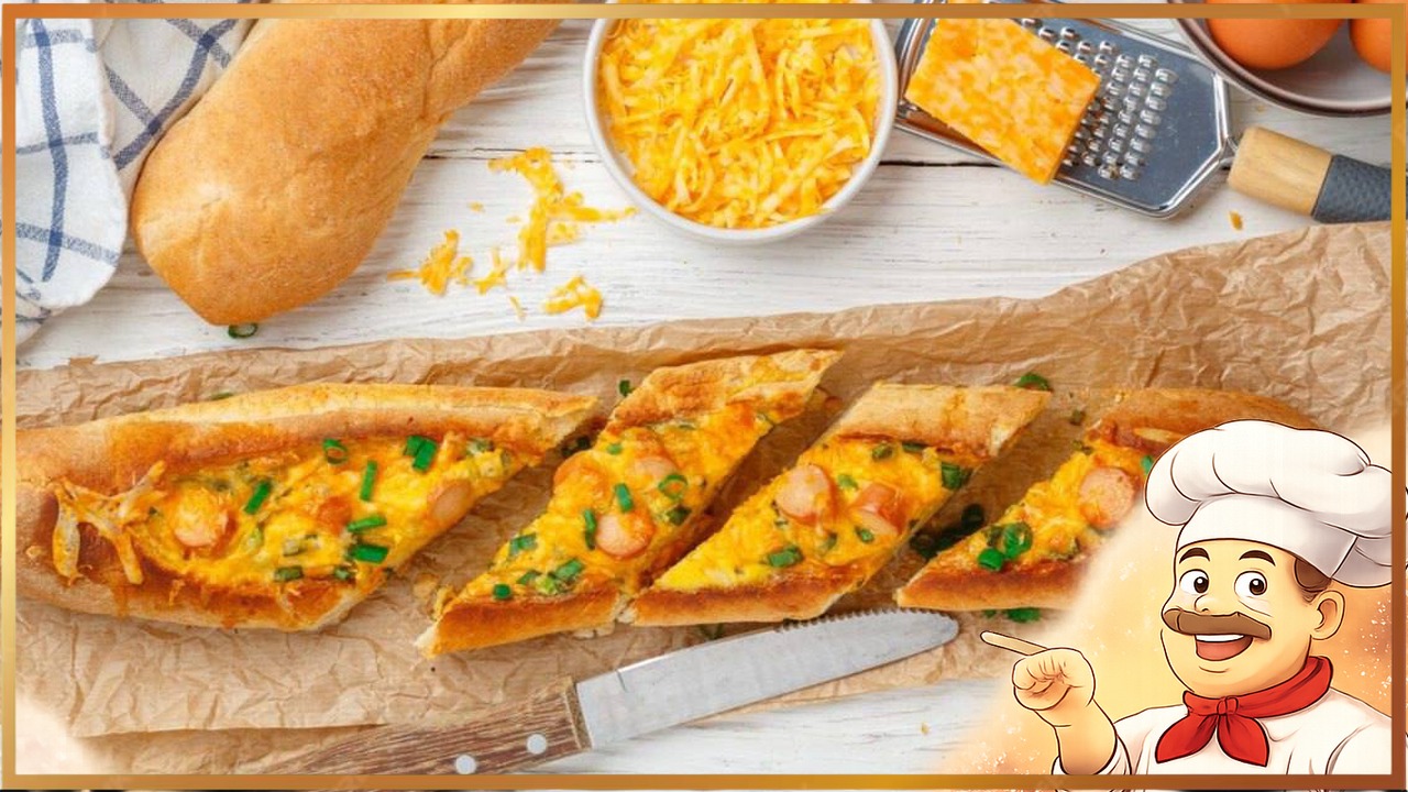 Багет, запечённый с яйцами и сосисками