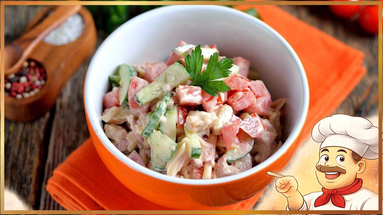 Салат с копчёной курицей, сыром, помидорами и огурцами