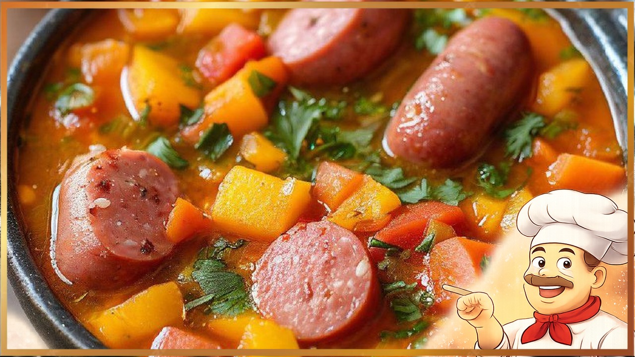 Простой овощной суп с сосисками