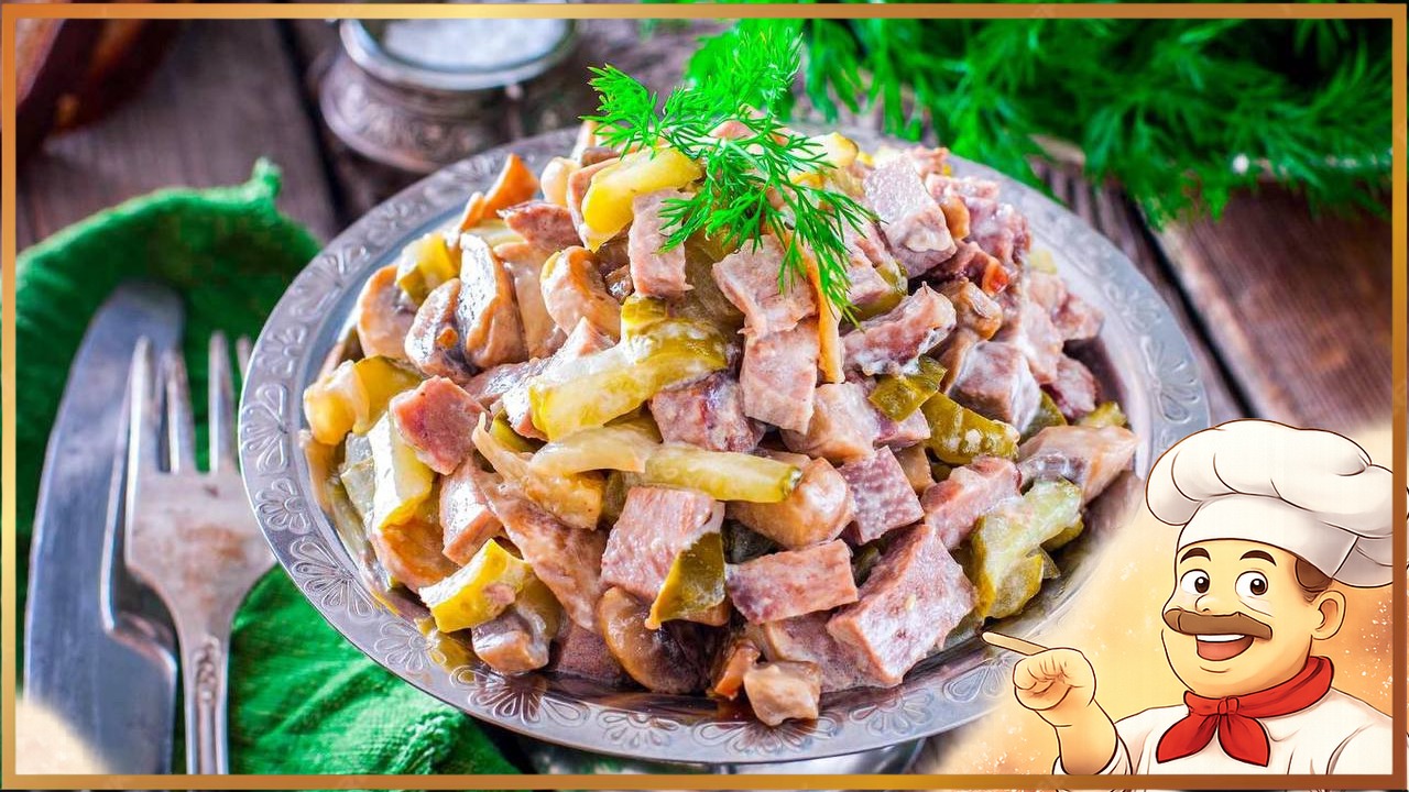 Салат с языком, огурцами и грибами