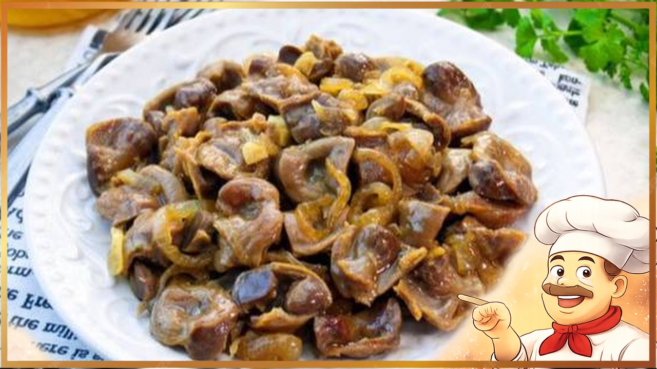 Жареные куриные желудки с луком