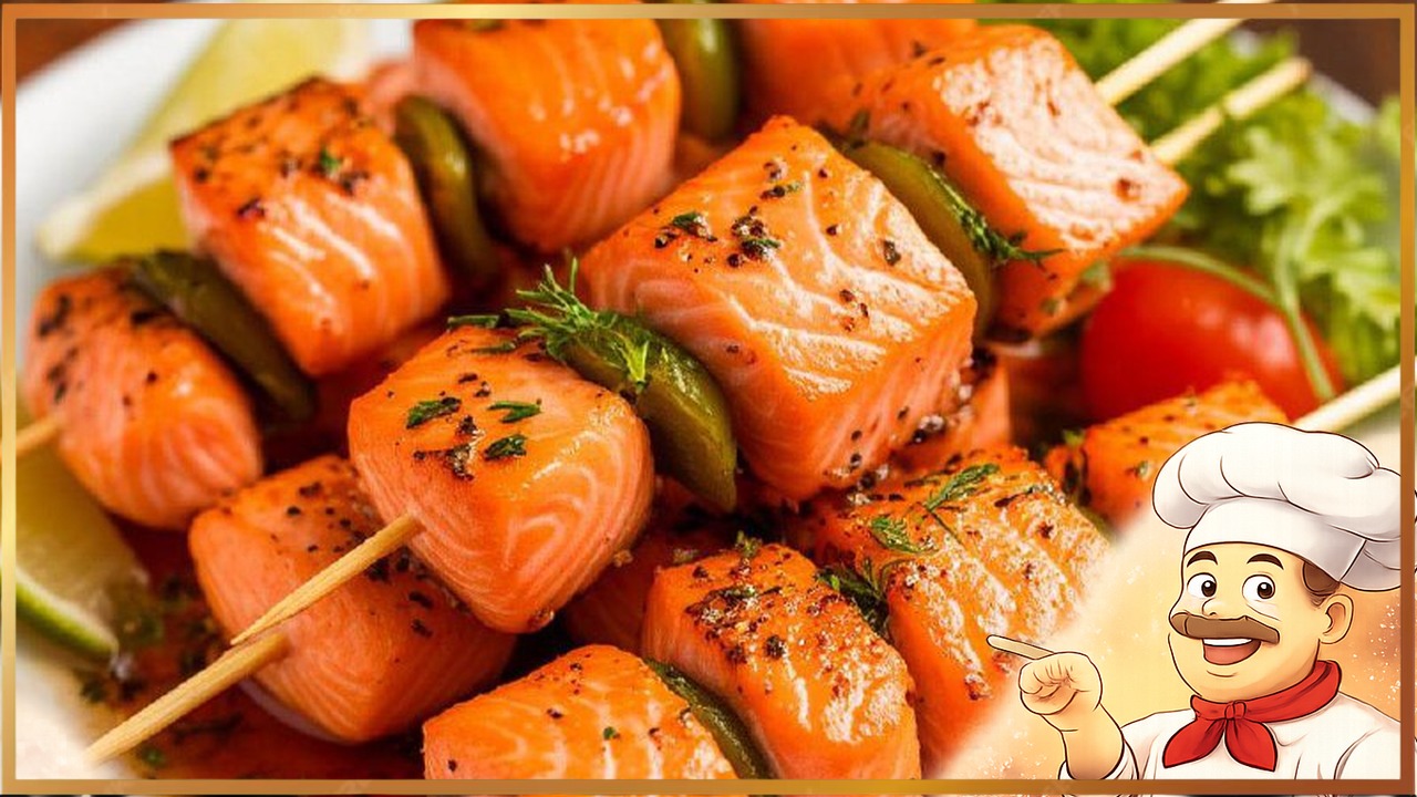 Шашлык из лосося со сладким перцем в духовке