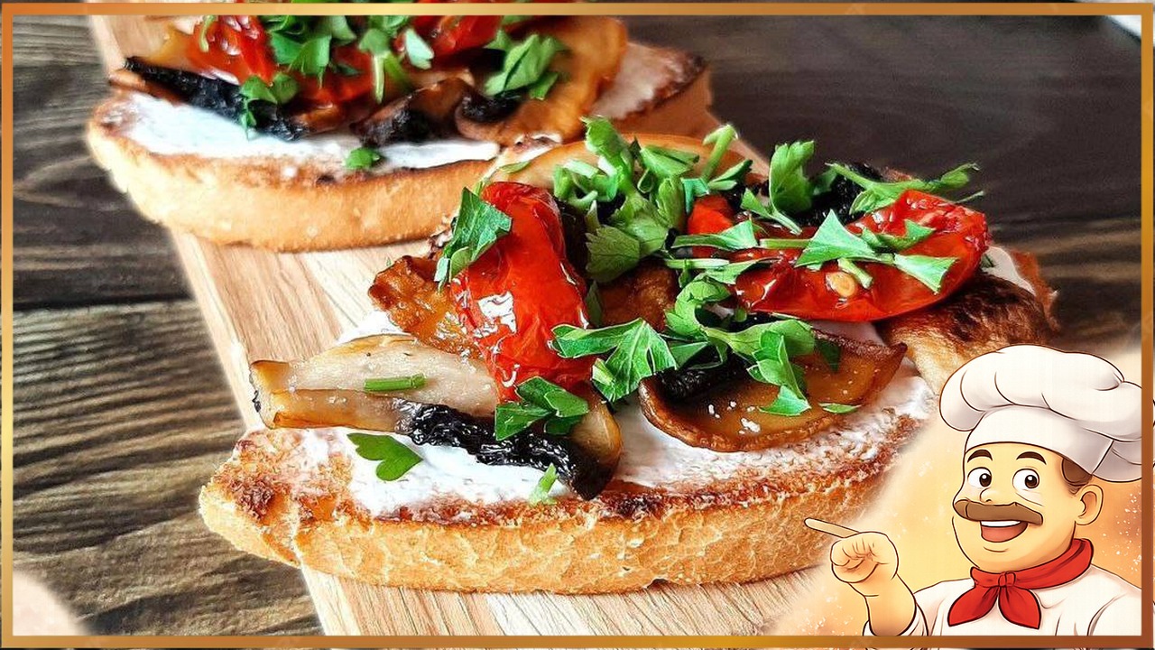 Брускетта с шампиньонами и вялеными помидорами