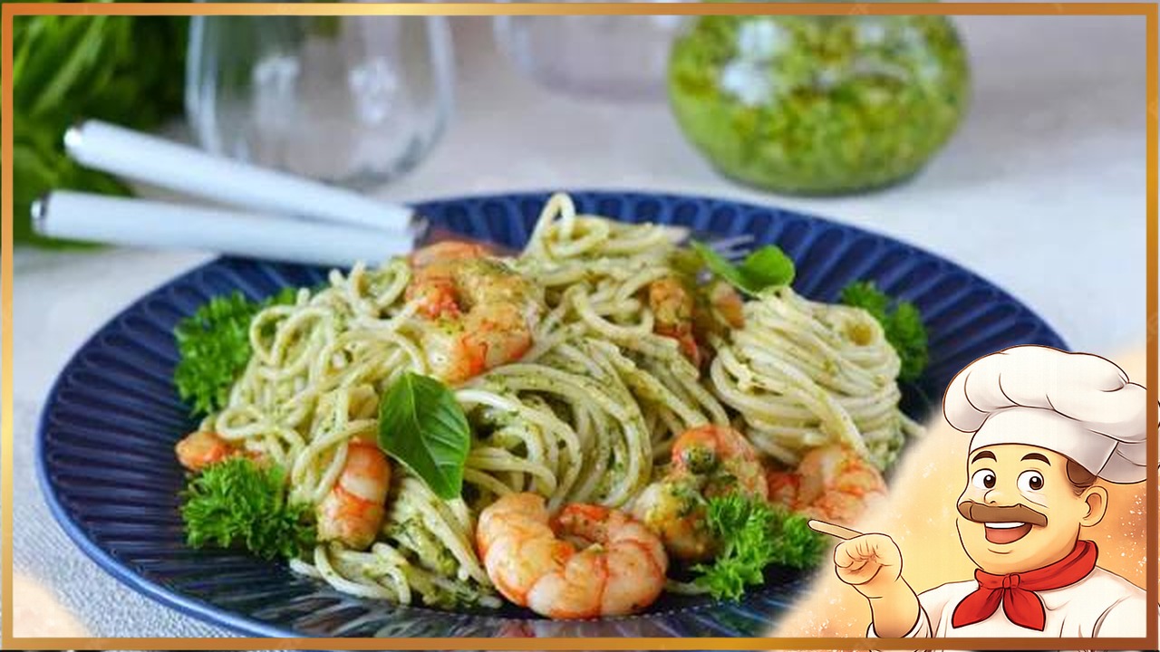 Паста с креветками и соусом песто