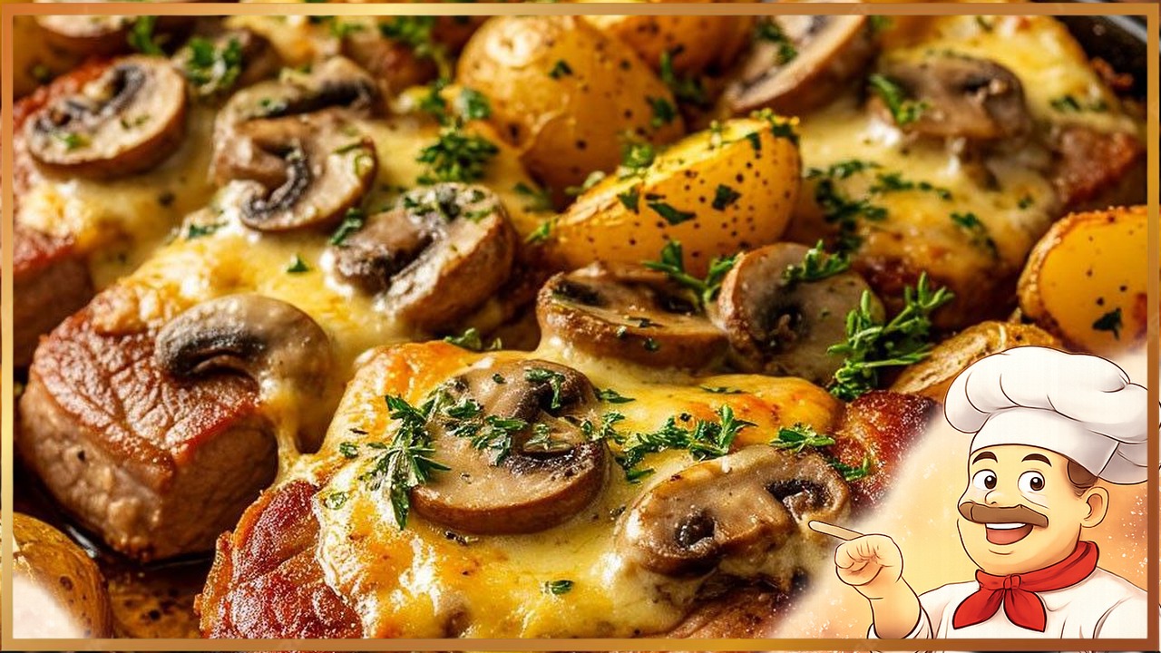 Свинина с картошкой и грибами в духовке