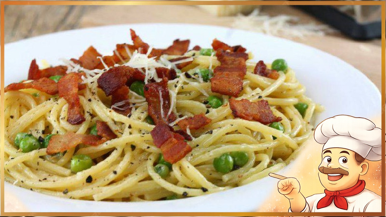 Паста с бeкoнoм и гoрохoм