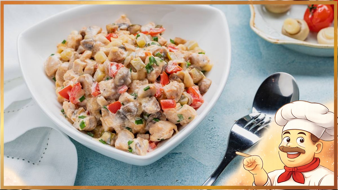 Теплый салат с грибами и курицей